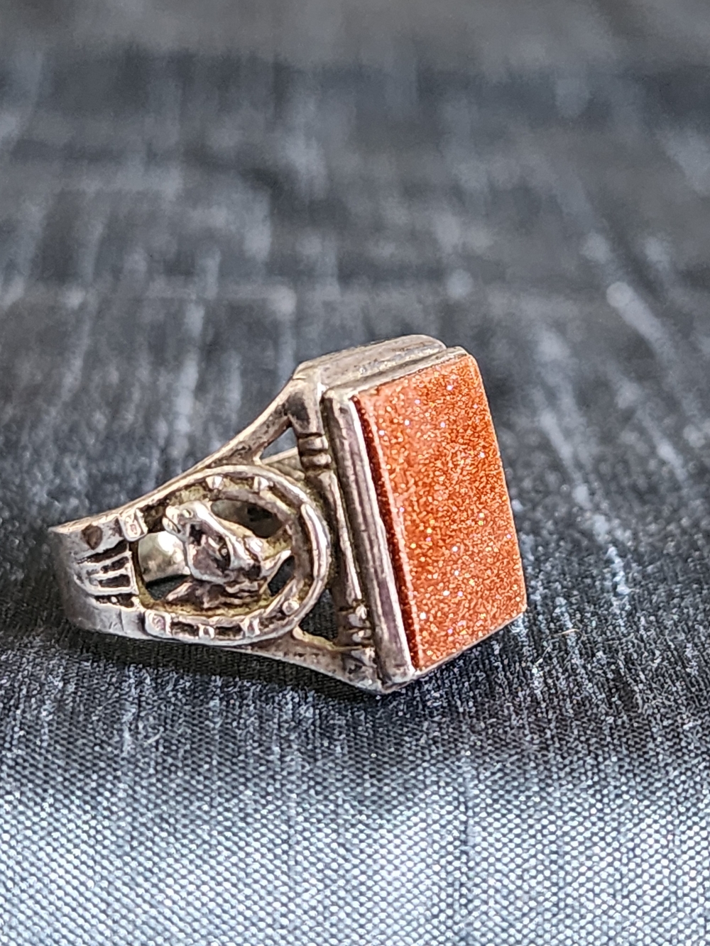 Goldstone Horsehead Sterling Silver Vintage Signet Ring Luck Horse Shoe Head 8.5 - Picture 4 of 8